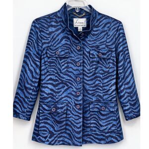 Linea Louis Dell'Olio Blue‎ Zebra Print Jacket Women M Button Front